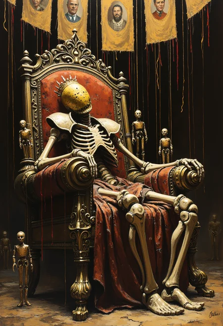 thepaintedrealm. An oil painting of a skeletal king slumped upon a throne of tangled marionette strings, his limbs warped into wooden joints. A gilded mask hides half his face, while hollow, glassy eyes stare blankly ahead. Crimson-stained strings vanish into the darkness above, held by unseen hands.
The throne is built from shattered puppets, some lifeless, others twitching as if resisting their fate. Faded banners hang in a decaying theater, portraits of past rulers watching in silence. The thick brushstrokes give an eerie textureâdust swirling in golden light, cracked paint revealing something shifting beneath.
With a sharp pull of the strings, the king begins to rise.