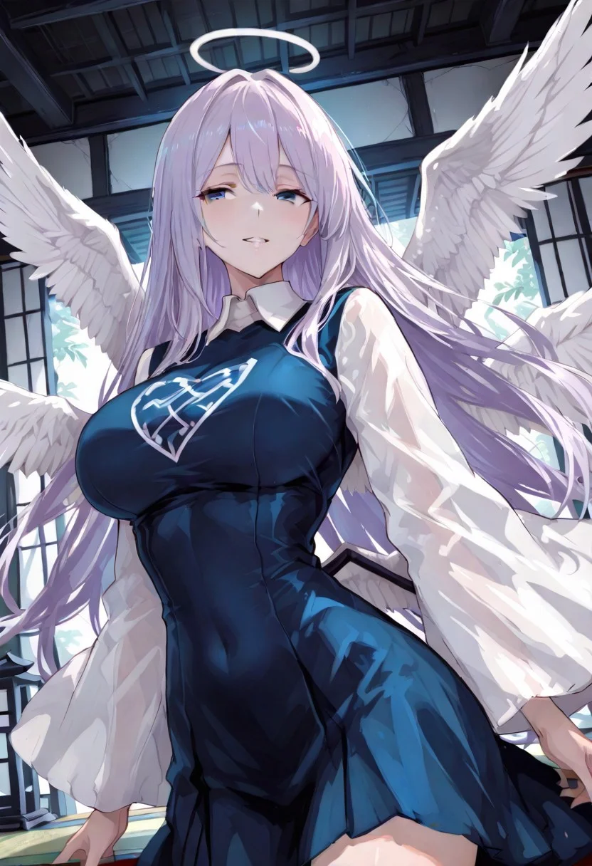 score_9, score_8_up, score_7_up, anime, masterpiece, high definition, (best quality:2.0), 1girl, angel_of_death, standing, dark blue dress, angel wings, blue eyes, light purple hair, long hair, white collar, white sleeves, big breasts, small waist, beautiful eyes, beautiful face, grin, indoors, abandoned shrine
BREAK
,
dynamic angle, expressive, volumetric lighting, cinematic lighting, holographic colors, gradient colors, masterpiece, raytracing, soft lighting, blum effect,