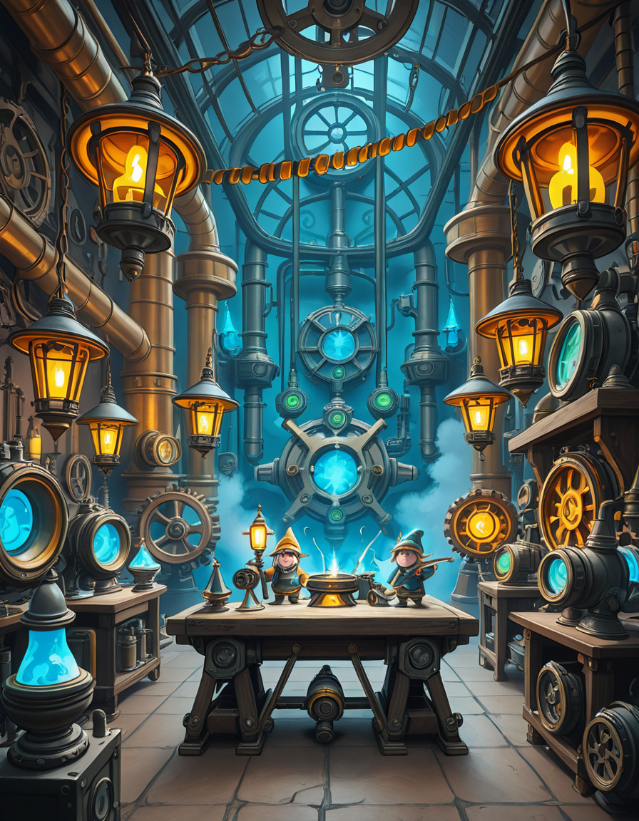 A highly detailed and immersive gnome workshop inspired by World of Warcraft, filled with intricate mechanical devices, glowing gadgets, and arcane-infused machinery. The workshop is cluttered with blueprints, gears, and steam-powered contraptions, creating a vibrant steampunk-fantasy aesthetic. The lighting comes from flickering arcane lamps, neon-colored tubes, and softly glowing mana crystals, casting a warm yet mysterious ambiance. In the background, large brass pipes, rotating cogs, and suspended platforms form a complex, multi-layered workspace. A large workbench at the center is covered with half-finished inventions, from tiny clockwork creatures to experimental energy weapons. The walls are adorned with schematics, tool racks, and magical energy conduits. The atmosphere feels lively, as if gnome engineers have just stepped away from their latest tinkering project, leaving sparks flying and steam hissing from unfinished experiments. The color palette is a mix of vibrant blues, greens, and metallic hues, enhancing the high-tech yet whimsical charm of gnomish engineering.<lora:SDXLFaeTastic2400:0.4> <lora:extremely_detailed:0.4> extremely detailed,gnome w0rksh0p <lora:gnome_w0rksh0p-i:1>, Masterpiece,best quality,hi res,8k,hi res,8k,award winning,(sharp focus, intricate, highly detailed),