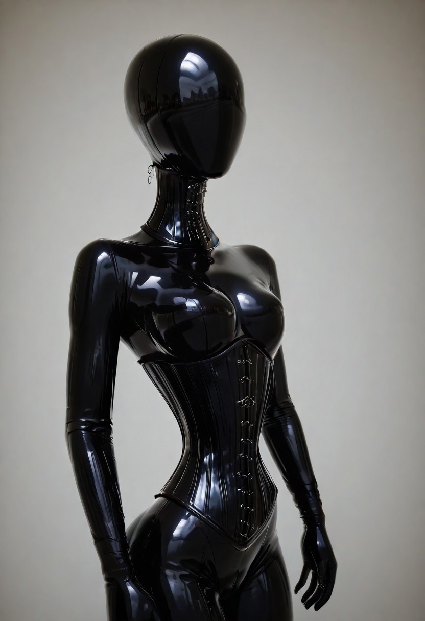 a young woman, DroneFacem, latex. in a black latex catsuit, latex gloves, 
NeckCorset, Latex, Posture, ExtrCorset.