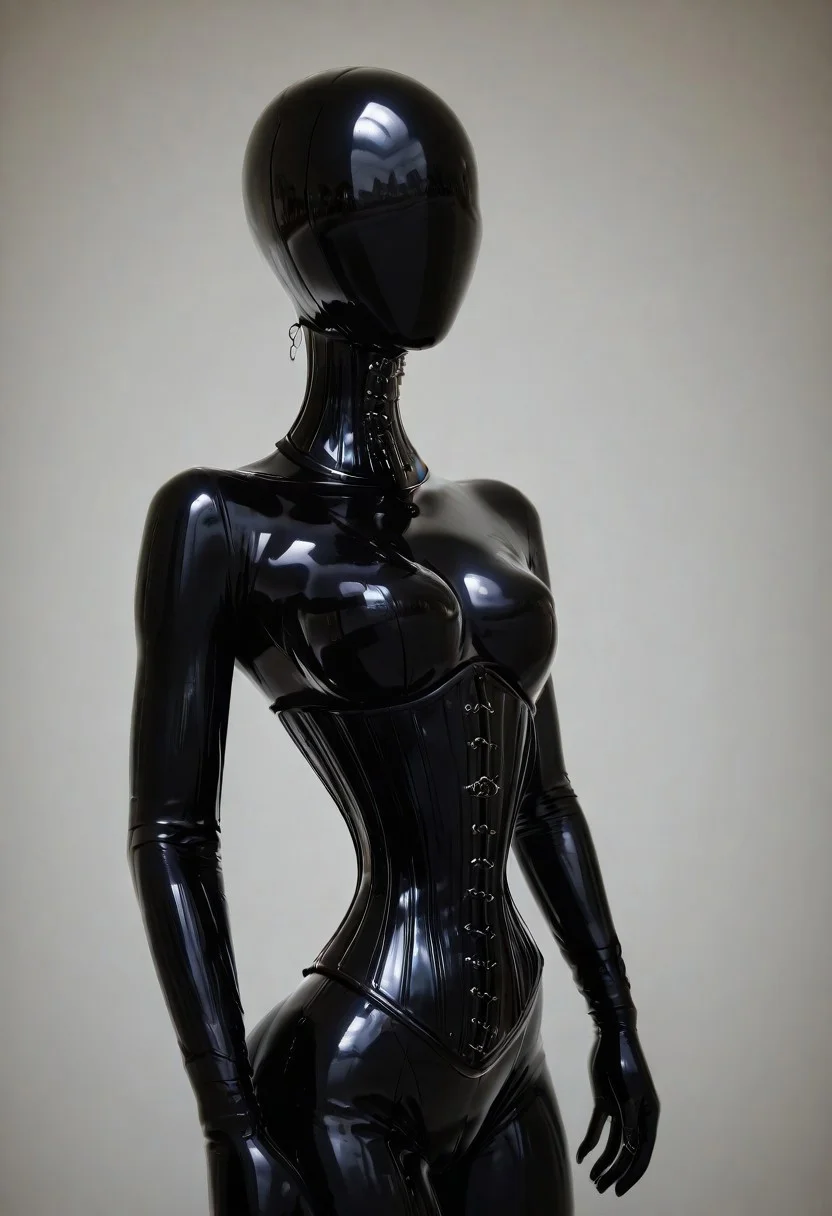 a young woman, DroneFacem, latex. in a black latex catsuit, latex gloves, 
NeckCorset, Latex, Posture, ExtrCorset.