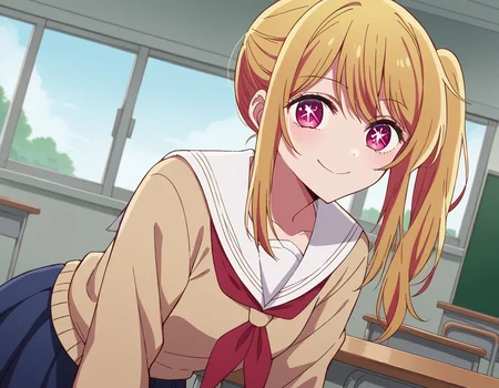 score_9, score_8_up, score_7_up, source_anime,
rubyhoshino, <lora:ruby-hoshino-s1-ponyxl-lora-nochekaiser:1>,
ruby hoshino, long hair, bangs, blonde hair, pink eyes, sidelocks, symbol-shaped pupils, multicolored hair, two-tone hair,
side ponytail, long sleeves, school uniform, serafuku, sailor collar, neckerchief, cardigan, red neckerchief, white sailor collar, skirt, blue skirt,
indoors, classroom, bent over, smile,
looking at viewer, cowboy shot, dutch angle, solo,
