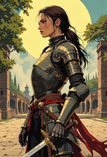 Image is an full body shot digital fantasy artwork featuring female knight in shining armor. She has tan skin with long brunette hair thats slicked back. She's wearing heavy plate armor, with a gorget and shoulderpads, thigh high greaves. The armor is trimmed with gold and has intricate golden etchings on it. On her hip is a knightly longsword and dagger. The background is of a castle courtyard, bright sun, clear sky, lush trees,