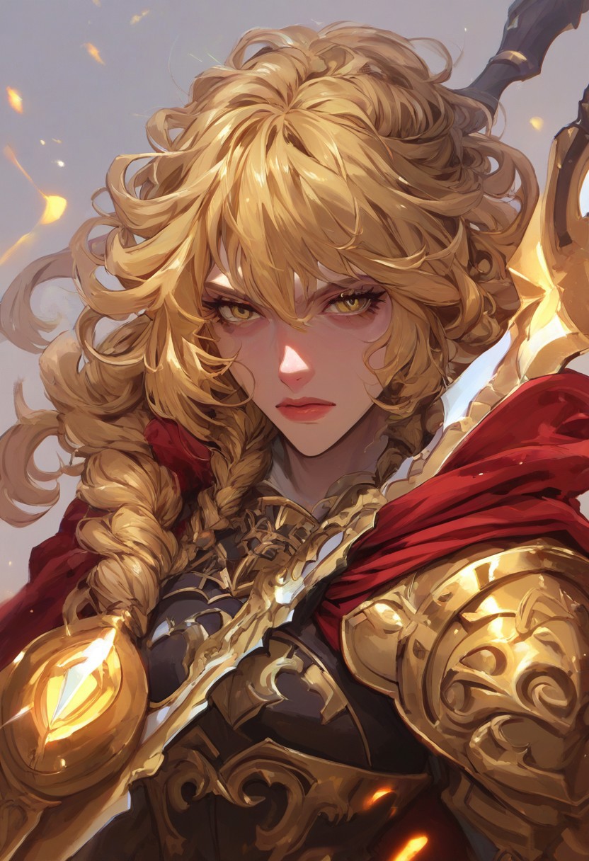score_9, score_8_up, score_7_up, score_6_up, score_5_up, score_4_up, 
paladin lady holding glowing sword, blonde hair, braid, ornate golden armor, ornate pauldrons, black corset, glowing yellow eyes, red cape, upper body, face focus