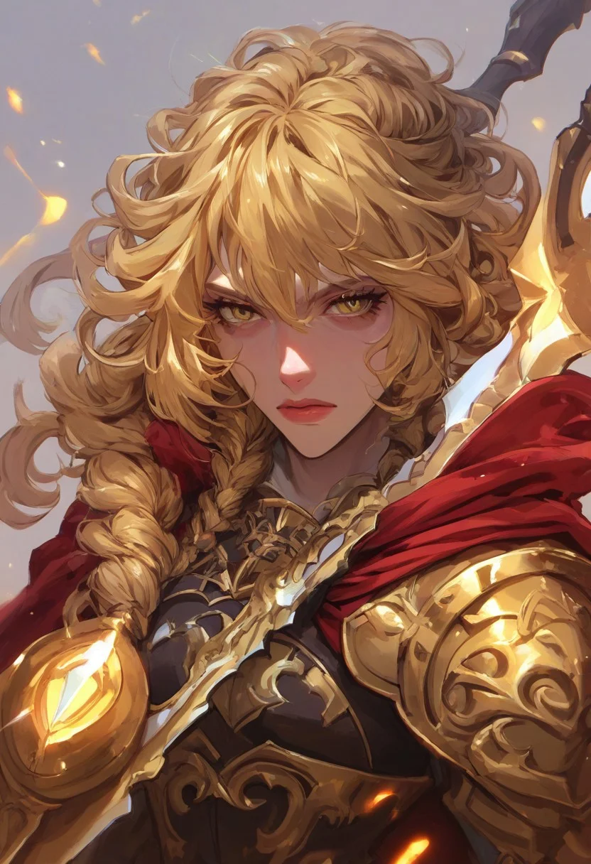 score_9, score_8_up, score_7_up, score_6_up, score_5_up, score_4_up, 
paladin lady holding glowing sword, blonde hair, braid, ornate golden armor, ornate pauldrons, black corset, glowing yellow eyes, red cape, upper body, face focus