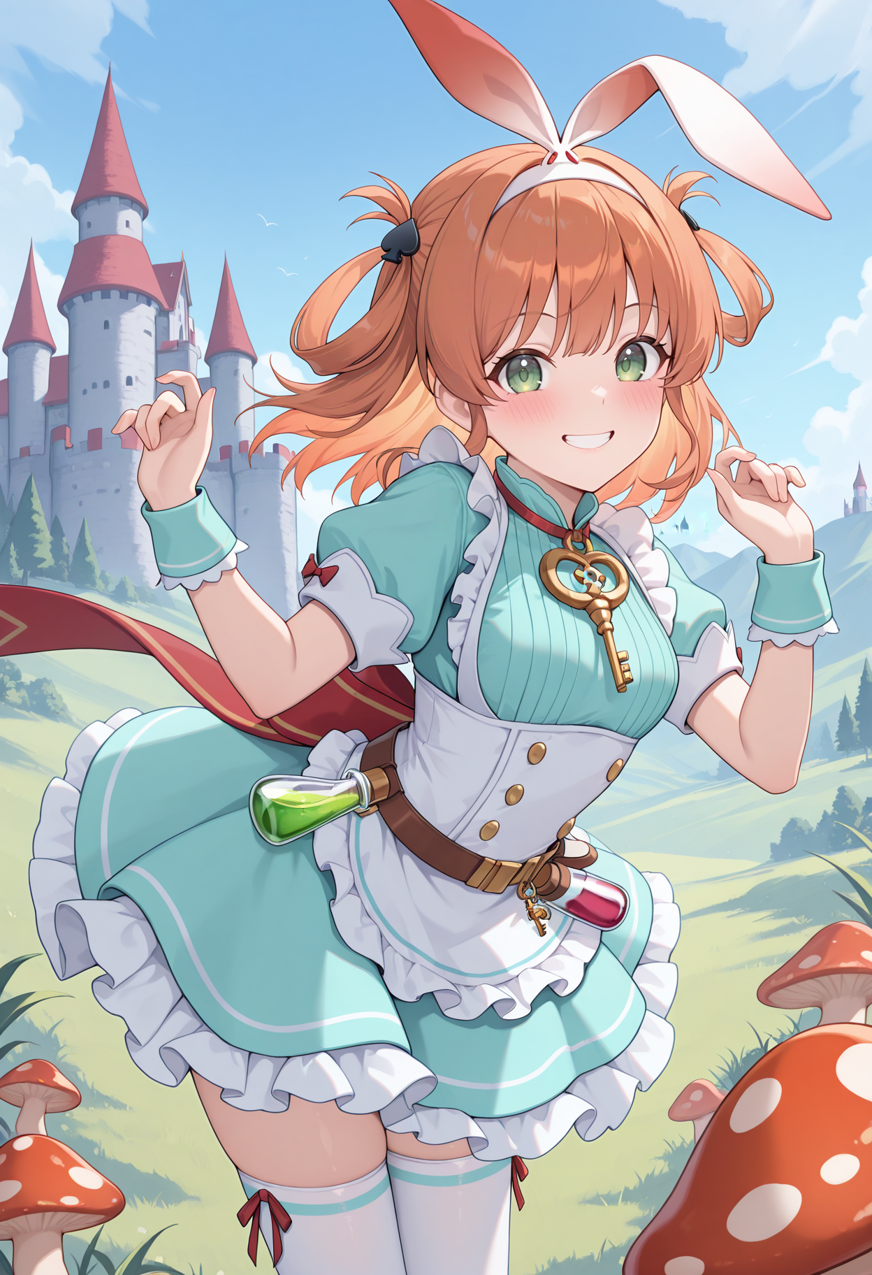 highres, best quality, masterpiece, outdoors, mushroom, castle, 
1girl, solo, pcrrino, hair rings, orange hair, brown hair, medium hair, green eyes,
rinownd, spade hair ornament, rabbit ears, white hairband, official alternate costume, cosplay, aqua dress, frilled dress, key, short sleeves, puffy sleeves, striped, white underbust, frilled apron, red ribbon, belt, vial, bottle, wrist cuffs, zettai ryouiki, thighhighs, puffy short sleeves,
looking at viewer, blush, smile, teeth,
floating hair, hands up, dynamic pose, leaning forward, 
<lora:_rino_pcr-elesico-ilxl:1>