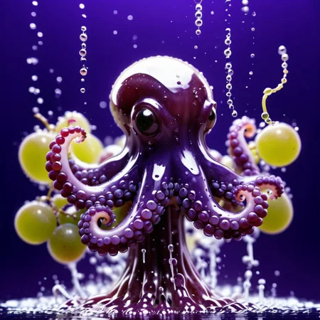 octopus tentacles made of grapes, splash water, flashing particles, depth of field, violet background, made from grapes