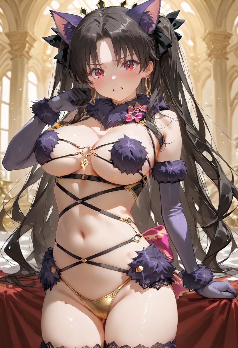 1girl,ishtar \(fate\),mash kyrielight,mash kyrielight \(dangerous beast\),fate/grand order,fate \(series\),adapted costume,alternate breast size,alternate color,animal ears,bare shoulders,black gloves,black hair,blush,breasts,cleavage,clenched teeth,cosplay,earrings,elbow gloves,fur-trimmed gloves,fur collar,fur trim,gloves,gold panties,hair ribbon,highleg,highleg panties,hoop earrings,jewelry,large breasts,long hair,looking at viewer,mash kyrielight \(dangerous beast\) \(cosplay\),navel,neck ring,o-ring,panties,parted bangs,red eyes,revealing clothes,ribbon,solo,teeth,thighs,two side up,underwear,wolf ears,stomach,lace trim,fur-trimmed legwear,gold bracelet,very long hair,o-ring top,thighhigh <lora:CunnyFunkyXL_il_lokr_V6311P:0.95>