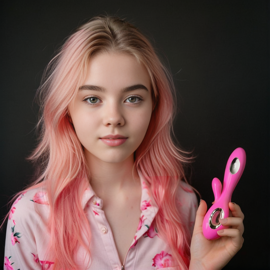 ((neutral black background)),photograph of a 20 year old woman holding a pink lelosorayavib vibrator,  <lora:LeloSoraya2-Vib-sdxl-6-000005:0.9>