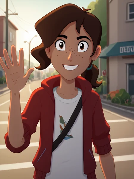 score_9, score_8_up, score_7_up, BREAK, Jun3D3lT0r0, 1girl, solo, brown hair, brown eyes, ponytail, freckles, white shirt, red jacket, smile, upper body, raise left arm, day, outdoor, waving, looking at viewer, Volumetric Lighting, sunlight, shadows, natural lighting, <lora:June Del Toro:1>