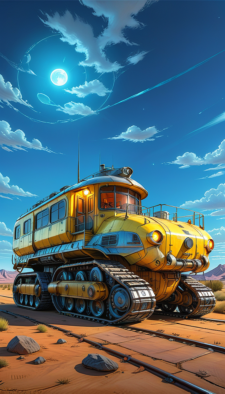 (cel-shading:2)+, (in ARTIST style:1.6), (masterpiece:1.7),  night, glow neon,
hyperrealism, glossy, shinny, clear image, accurate picture, clear picture, precise image, focused image, Science fiction style, Science fiction,
(ground vehicle, motor vehicle, sky, no humans, cloud, outdoors, vehicle focus, train, truck, scenery, day, military, Tracked Vehicle, Traction City, yellow paint, house)
night, glow neon,
(masterpiece:1.8), (highest detailed:1.8), perfectly lighted, (contrast), (saturated), (((sharp focus))),
(hyperdetailed:1.3), (intricate details:1.2), (Refined details:1.3), (best quality:1.5), highly detailed textures, vibrant colors,
(ultra sharp focus:1.8), (detailed texture:1.8), (detailed edges:1.8), (thin lines:1.8), (best quality:1.8),
<lora:Apparatus_-_Traction_City_Walkers_Vehicles:0.8>,