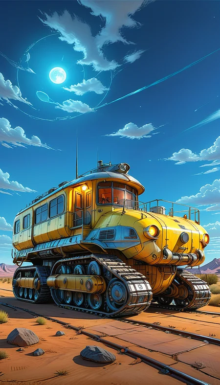 (cel-shading:2)+, (in ARTIST style:1.6), (masterpiece:1.7), night, glow neon,
hyperrealism, glossy, shinny, clear image, accurate picture, clear picture, precise image, focused image, Science fiction style, Science fiction,
(ground vehicle, motor vehicle, sky, no humans, cloud, outdoors, vehicle focus, train, truck, scenery, day, military, Tracked Vehicle, Traction City, yellow paint, house)
night, glow neon,
(masterpiece:1.8), (highest detailed:1.8), perfectly lighted, (contrast), (saturated), (((sharp focus))),
(hyperdetailed:1.3), (intricate details:1.2), (Refined details:1.3), (best quality:1.5), highly detailed textures, vibrant colors,
(ultra sharp focus:1.8), (detailed texture:1.8), (detailed edges:1.8), (thin lines:1.8), (best quality:1.8),
<lora:Apparatus_-_Traction_City_Walkers_Vehicles:0.8>,