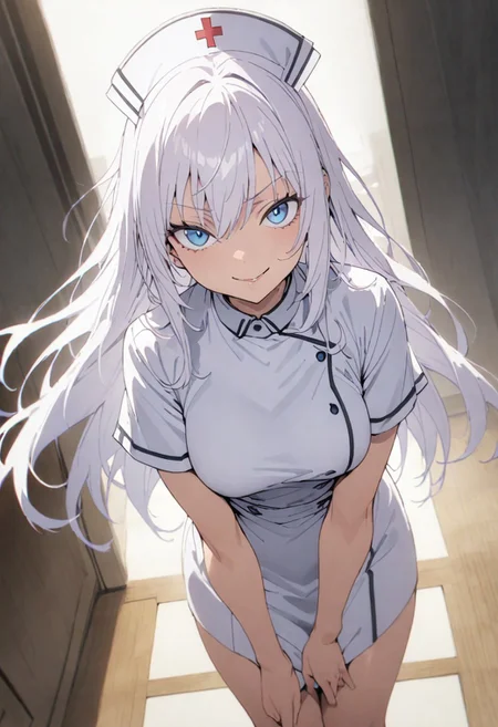 score_9, score_8_up, score_7_up, score_6_up, masterpiece, best quality, absurdres, cinematic, dynamic angle, perfect composition, solo, 1girl, medium breast, gojou satoru, blue eyes, white hair, long hair, nurse outfit, smirk, standing, looking at viewer,