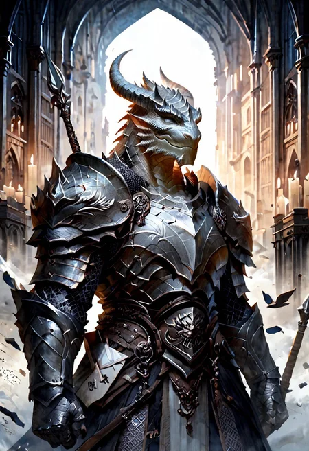 score_9, score_8_up, 8, score_7_up, score_6_up, solo, massive dragonborn with strong armor, in the cathedral , dutch angle, scale mail armor, 40 year old, FFAOR,