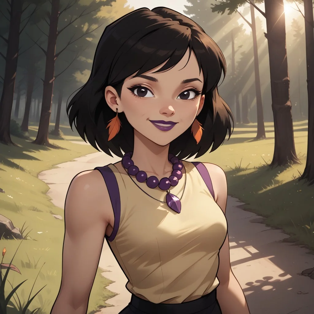 score_9, score_8, BREAK, solo, black hair, black eyes, purple lips, lipstick, purple necklace, feather earrings, sleeveless shirt, leggings, sneakers, total drama, Sky_(Total_Drama), cute, tdpi, sexy pose, self portrait, smile, outdoors, sunlight, shadows, evening lighting, natural lighting, forest, trees, grass, orange sky, sunset