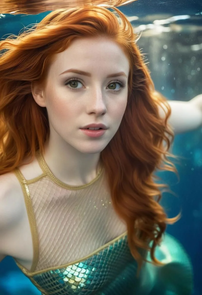 (cinematic, bokeh, hdr), woman, redheaded hair, pale white skin, (mermaid), shiny gold fishnetdress, upper body, underwater, wet