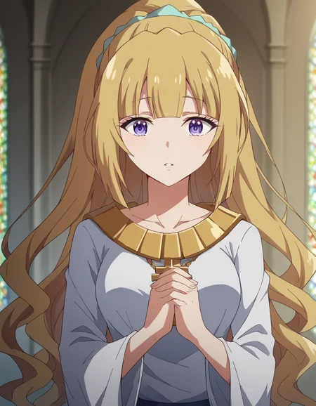 score_9, score_8_up, score_7_up, source_anime, keikaruizawa, <lora:kei-karuizawa-anime-s2-ponyxl-lora-nochekaiser:1>, kei karuizawa, long hair, bangs, blunt bangs, purple eyes, blonde hair, hair ornament, ponytail, scrunchie, blue scrunchie, medium breasts,, <lora:buddhist-nun-ponyxl-lora-nochekaiser:1>, buddhist nun, nun, habit, vitakra mudra, mudra, coif, gold necklace, priestess,, church, parted lips, praying,, cowboy shot