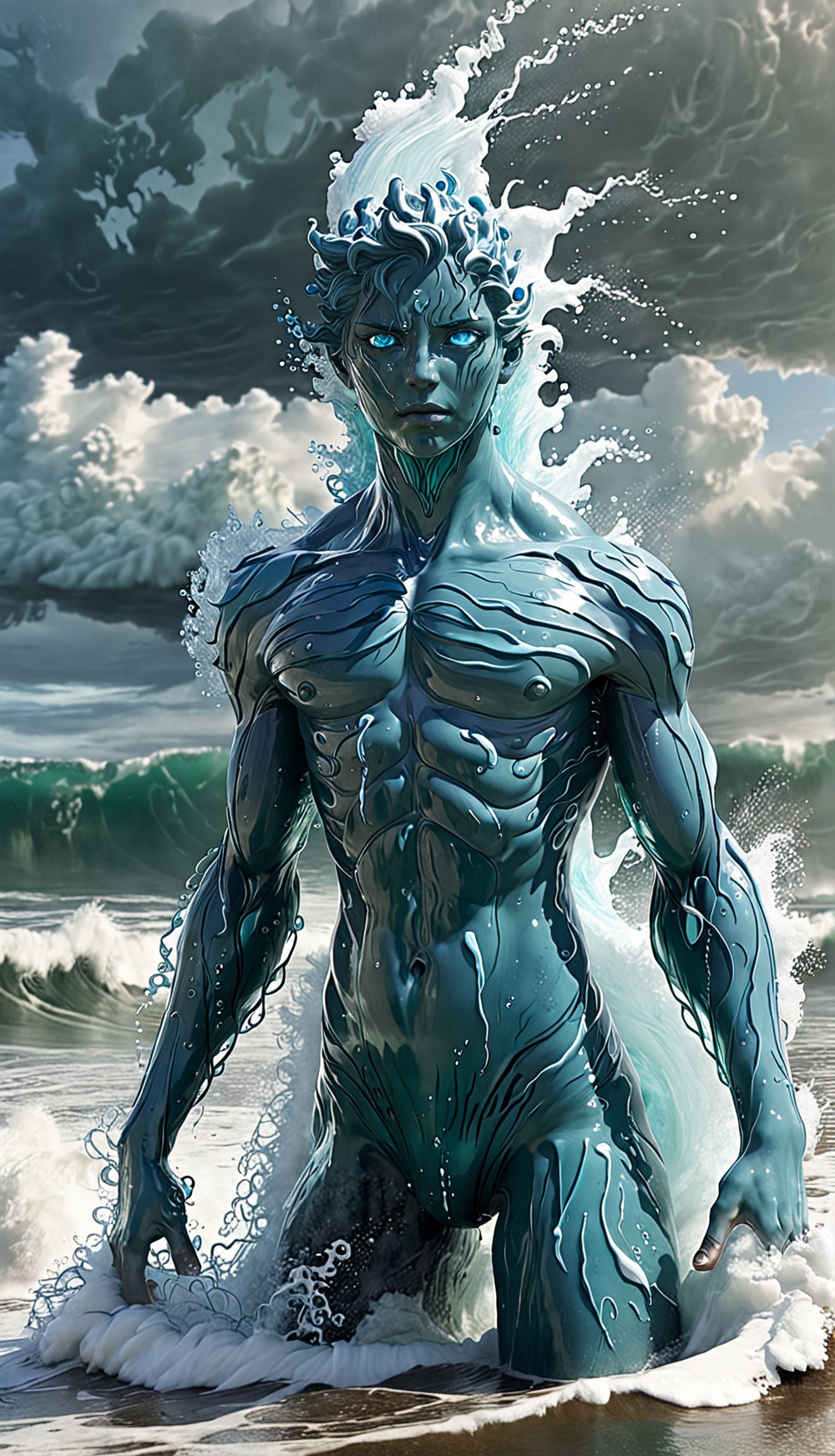 A water elemental emerging from the ocean, wind, water, foam, storm, humanlike shape, radiant eyes, sfw,  ,  full body<lora:add-detail-xl:1>
