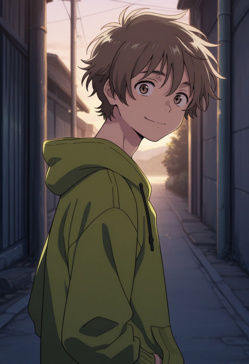 masterpiece,best quality,amazing quality, source_anime, 
shunhashimoto, 1boy, male focus, solo, brown eyes, brown hair, hoodie, hood,
outdoor, smile, looking at viewer,