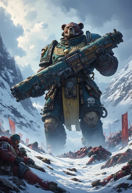 ((Dark fantasy art))
The image depicts a massive, humanoid bear standing in a snowy battlefield. The bear is dressed in dark fantasy armor and adorned with skulls, chains, and furs. holding large cannon Its imposing size and fierce expression suggest a dominant warrior. Surrounding the bear are fallen soldiers and debris, giving the impression of a fierce battle. Snow-covered mountains and a cold, stormy sky form the background, enhancing the dark, brutal atmosphere of the scene.