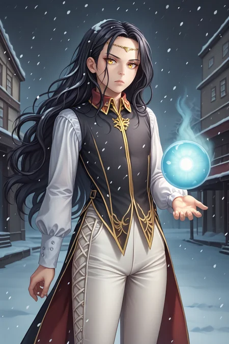 score_9, score_8_up, androgynous, solo, <lora:NSLimstellaFE7:1> NSLimstellaFE7, black hair, long hair, yellow eyes, circlet, black coat, gold trim, collared shirt, long sleeves, white sleeves, red collar, white pants, cross-laced pants, cowboy shot, looking at the viewer, snowing, winter, magic, expressionless, holding orb