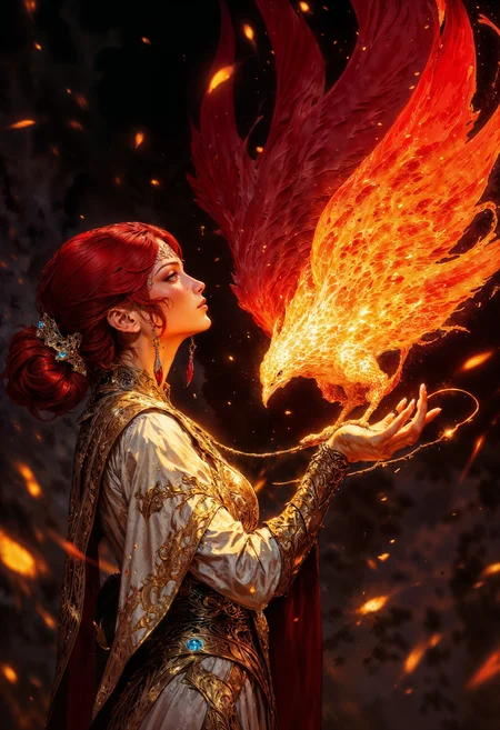TrissMA, a woman with fair skin and red hair. She is dressed in a dress adorned with patterns. Her expression is serene and focused as she gazes at a vibrant, mythical phoenix perched on her hand. The phoenix is depicted with fiery red and orange feathers, exuding a warm glow that illuminates the scene. The background is a blurred, dark setting with floating embers, enhancing the mystical atmosphere. <lora:FluxMythV2:0.6> <lora:ck-painterly-fantasy:0.6> <lora:flux.1_lora_flyway_Epic-detail_v2:0.5> <lora:RetroAnimeFluxV1:0.7>
<lora:FluxTrissMA:0.8>