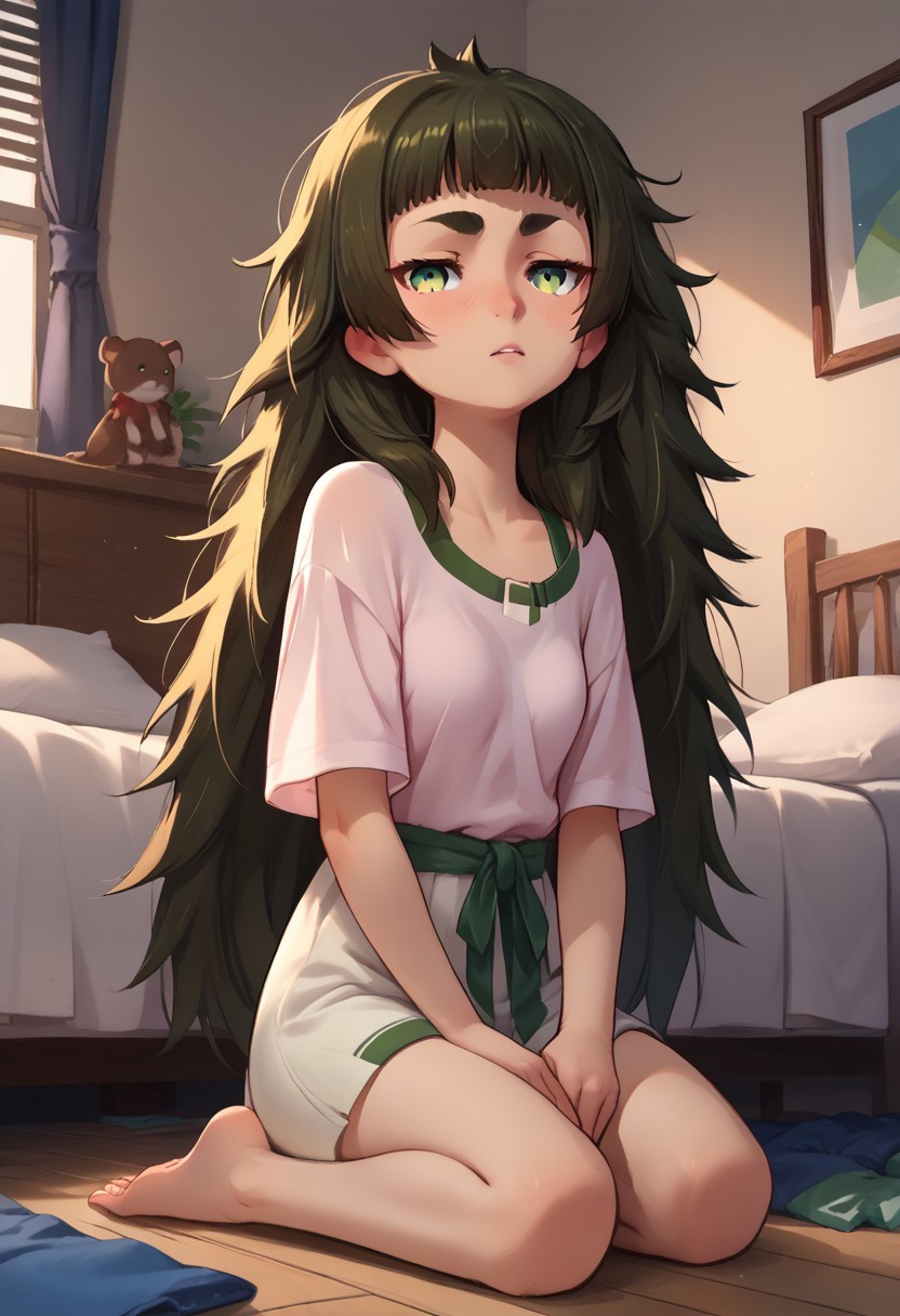 score_9, score_8_up, score_7_up, score_6_up, score_5_up, score_4_up, source_anime, BREAK, Expressiveh, solo, bedroom, kneeling, full body, hiyajou maho, messy hair,  green eyes
