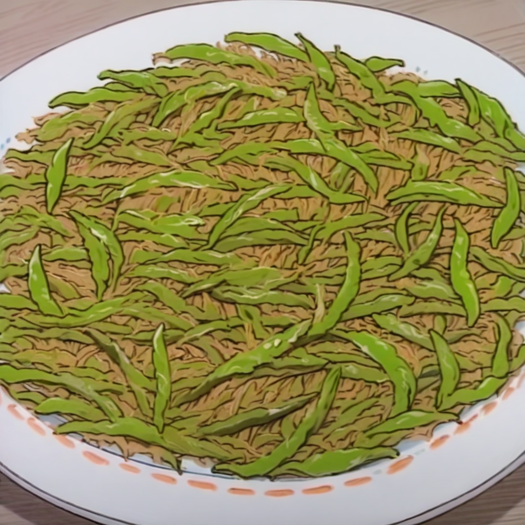 A plate of fried shredded green peppers, <lora:food_ichiban:1> <lora:crayons_v1_sdxl:0.8>