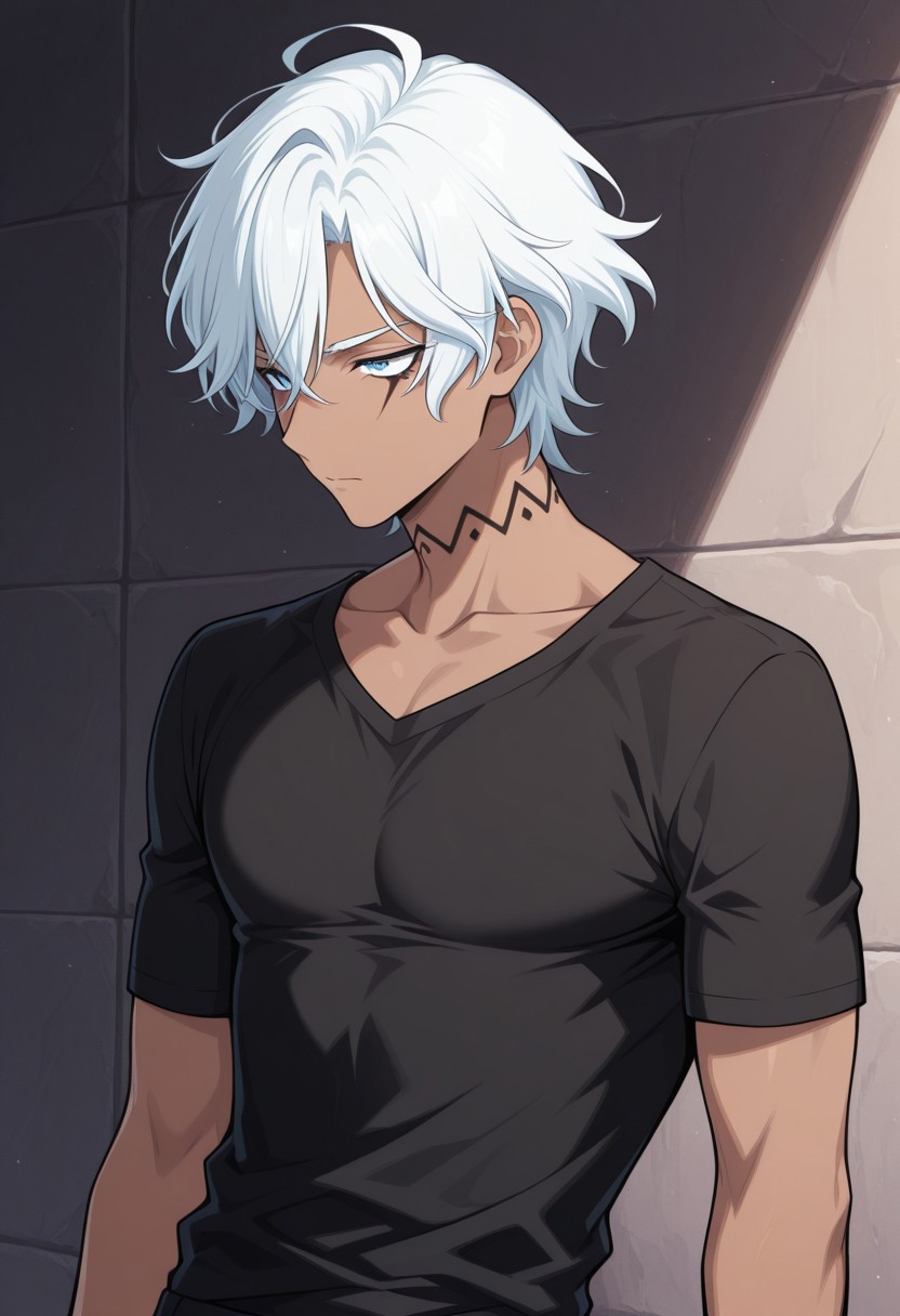 masterpiece,best quality,amazing quality, source_anime,
ifagimpa, 1boy, male focus, solo, dark skin, dark-skinned male, blue eyes, white hair, short hair, neck tattoo, collarbone, shirt, black shirt,