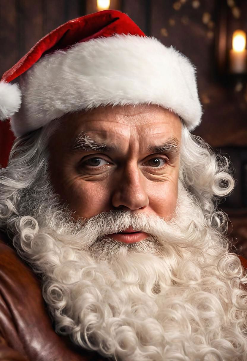 Realistic photo of Santa sitting on a brown leather armchair, wide angle interior background,  Volumetric-Lighting, foggy and dusty, christmas magic