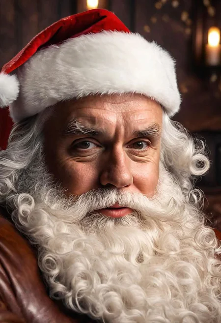 Realistic photo of Santa sitting on a brown leather armchair, wide angle interior background,  Volumetric-Lighting, foggy and dusty, christmas magic