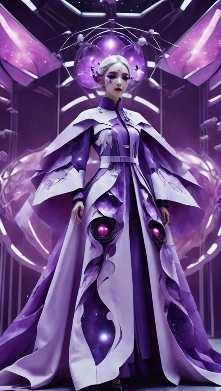 1girl,bailing-traditional opera,(facepaint:0.8),solo,full body,chinese clothes,sci-fi style,white hair,<lora:xl-shanbailing-1029chinese technology-000003:0.9>,purple_theme,