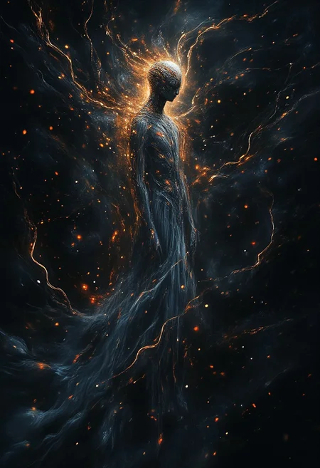 An intricate, Art Deco illustration of a celestial being composed entirely of constellations and nebulae, floating in the vast emptiness of space. The figure's form is defined by swirling galaxies and sparkling star clusters, radiating cosmic energy. The background is a deep, velvety black, dotted with distant stars and faint wisps of interstellar dust. Style reminiscent of vintage science fiction posters and the decorative arts of the 1920s.
