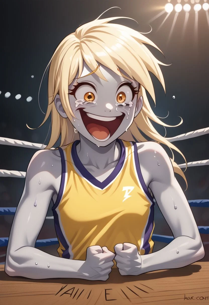 EnD_Niji_Sports, source_pony, Wheeze, open mouth, tears, laughing, Derpy Hooves, colored skin, grey skin, smile, crazy eyes, collarbone, upper body, shirt, bare shoulders, closed mouth, sweat, sleeveless, makeup, sportswear, wrestling uniform, hand on table, english text, clenched hand BREAK PonyXLV6_Scores