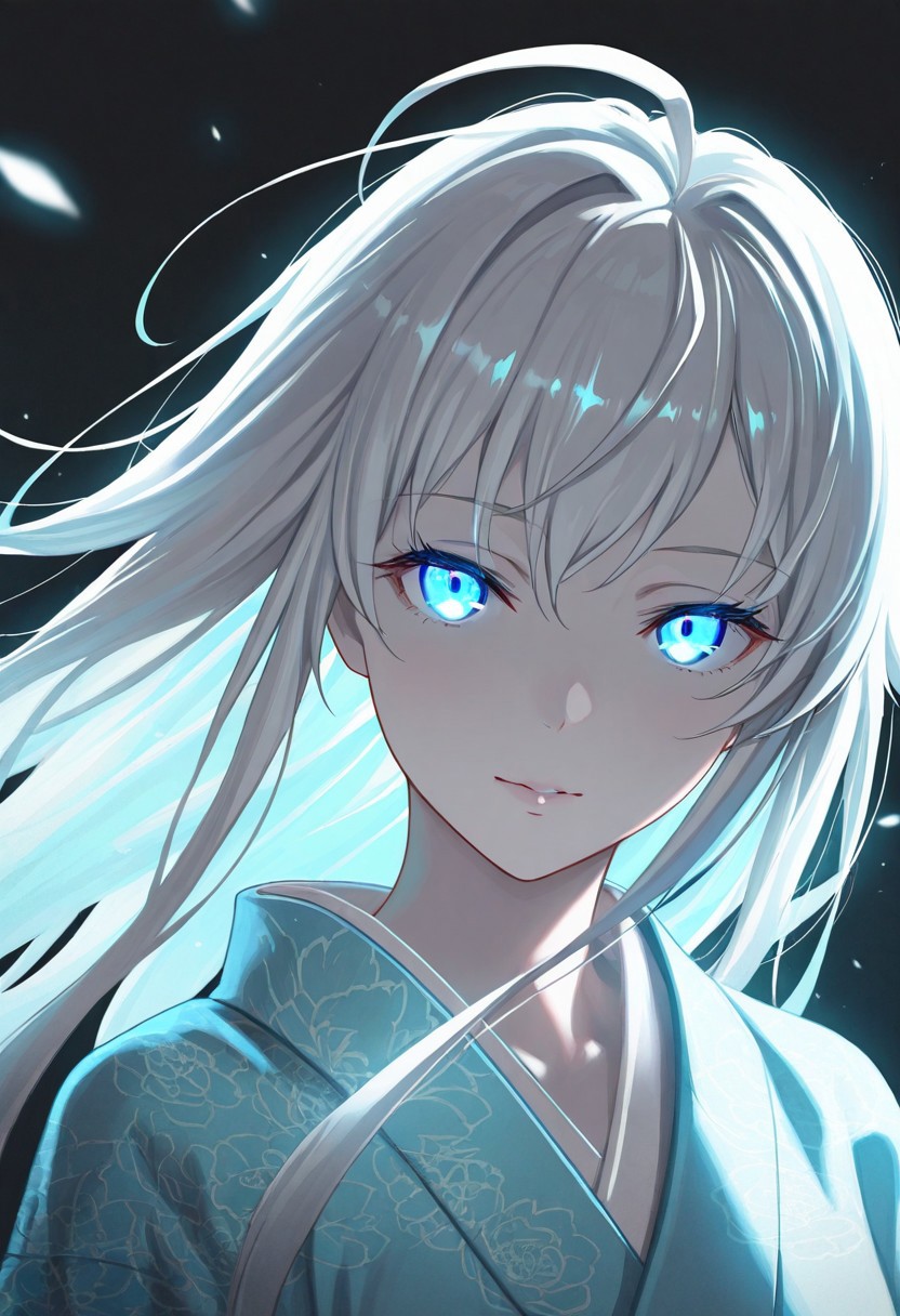 masterpiece, best quality, highly detailed, anime, Yukinoshita Yukino, //(oregairu)// 1girl, solo, close-up, serene anime girl with pale white skin,  colored skin, (white skin:1.3), long glossy white hair with bangs, glowing blue eyes with a hypnotic sparkle, soft cinematic warm lighting casting gentle shadows, wearing a light blue kimono with subtle floral patterns, mysterious and cozy atmosphere, detailed hair texture with sharp lines, vibrant colors, dark background, highres, focus on glowing eyes, intricate details, --ar 9:16, --v 5, --q 2, negative prompt: low quality, blurry, distorted, extra limbs