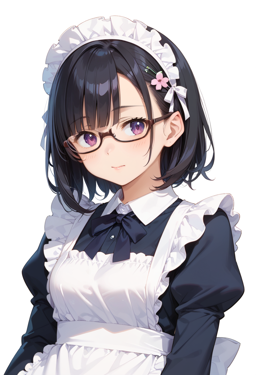 score_9, score_8_up, score_7_up, rating_safe, masterpiece, best quality, absurdres, unity 8k wallpaper, official art, official style, source_anime, uncensored, game cg, megami magazine,
1girl, solo, black hair, medium hair, upper body, covered eyes,maid, maid headdress, black dress, maid apron, face focus,
underrim_cell, glasses, still life, white background, simple background, under-rim eyewear, brown-framed eyewear, 
 <lora:glasses_underRimCell_PONY_V1:1>