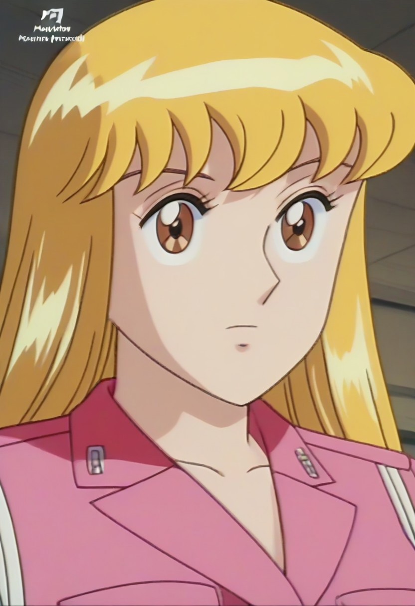 masterpiece, best quality, , anime screencap, anime coloring, official style,uncensored,1girl, solo, (kochikame, akimoto reiko, huge breasts, blonde hair, pink suit),
