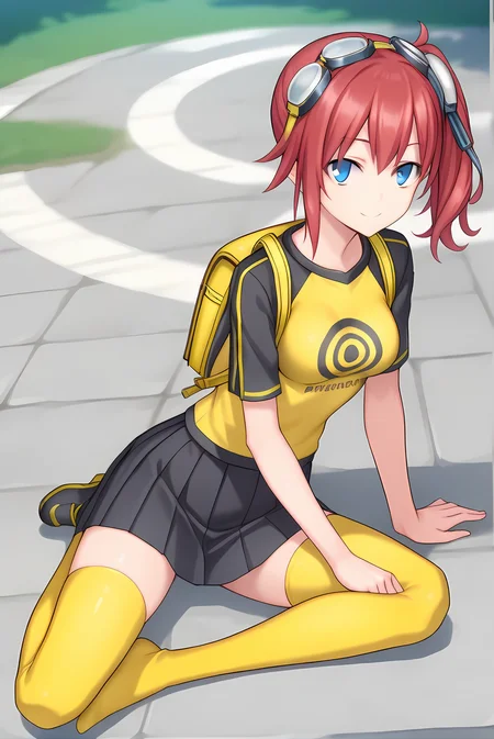 (yellow shirt black sleeves print shirt black skirt yellow thighhighs yellow backpack), dsc-ami, red hair, side ponytail, blue eyes, goggles on head, medium breasts, 1girl, solo, skinny, , score_9, score_8, score_7, source_anime, light smile, shinjuku, (1.3::full body|sitting|standing|lying|0.6::close-up| :1.20), <lora:dsc-ami-cosine-V01-000003:0.60>