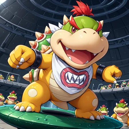 <lora:Bowser_Jr_XL:.65> bwsrjr, open mouth, teeth, standing on green cup ufo spiked, black pupils, bowser jr.,, (anime, masterpiece, intricate:1.3), (best quality, hires textures, high detail:1.2), (4k),(incredibly detailed:1.4),UHD, 8K, ultra detailedâââ