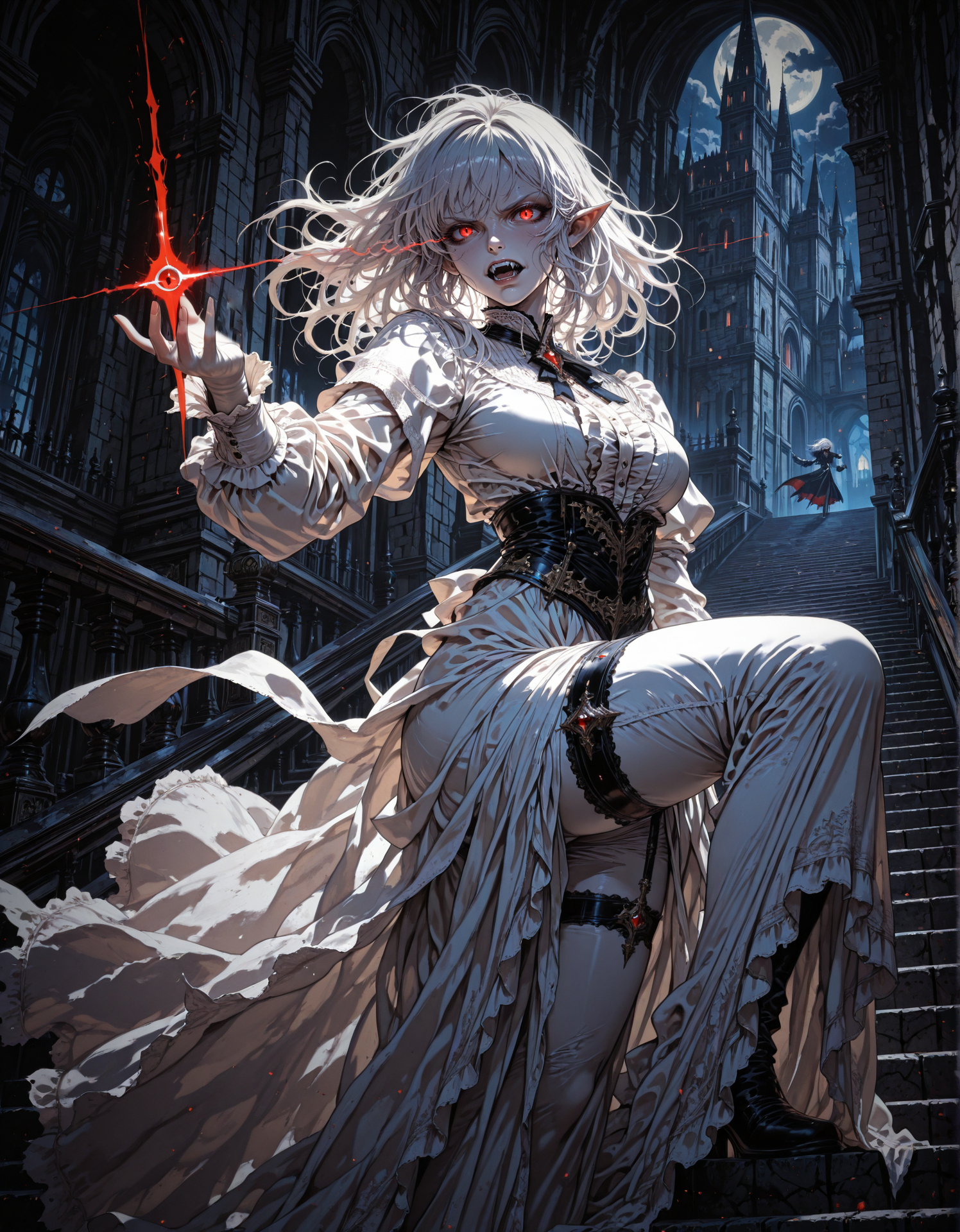 masterpiece, best quality,high quality, newest, highres,8K,HDR,absurdres, 1girl, vampire, elf ears, red eyes, eye trail, pale skin, fangs, white hair, messy hair, victorian dress, thigh strap, night, castle, stairs, mist, intense lighting, detailed background, dynamic pose, dutch angle,
  <lora:iLLMythM4gicalL1nes:1> M4gicalL1nes