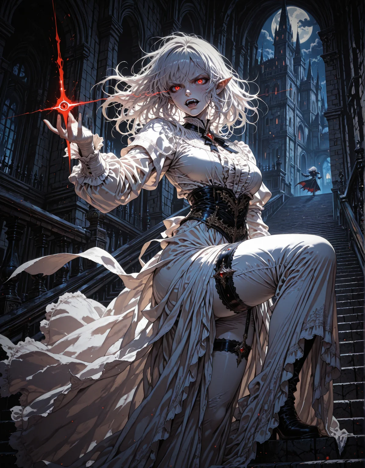 masterpiece, best quality,high quality, newest, highres,8K,HDR,absurdres, 1girl, vampire, elf ears, red eyes, eye trail, pale skin, fangs, white hair, messy hair, victorian dress, thigh strap, night, castle, stairs, mist, intense lighting, detailed background, dynamic pose, dutch angle,
<lora:iLLMythM4gicalL1nes:1> M4gicalL1nes