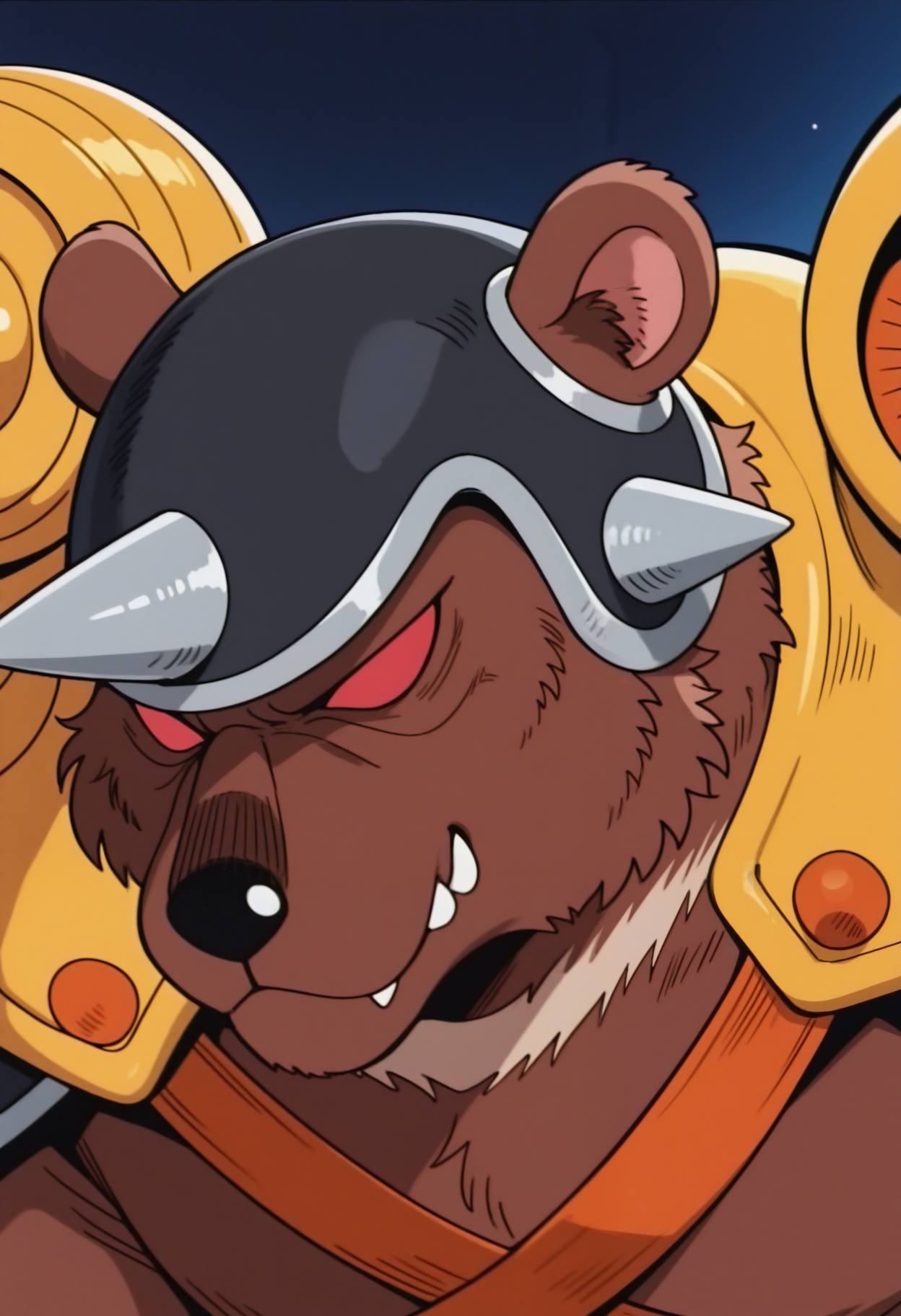 masterpiece,best quality,amazing quality, 1boy, solo, b34rGTA, bear boy, brown fur, red sclera, no pupils, spiked helmet, spiked pauldrons, yellow armor, close up, side angle,