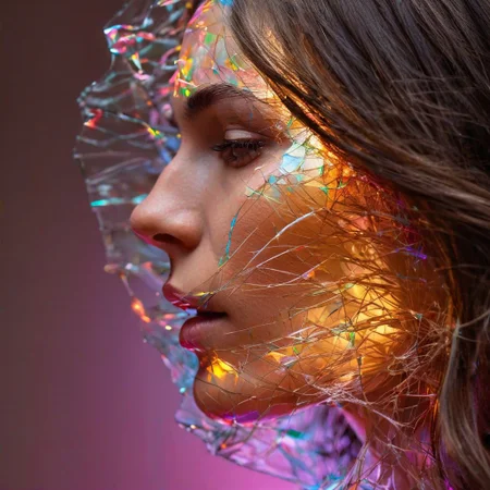 A close-up left facing profile portrait, a beautiful brunette woman made of glass, colorful light from hoph fibration bundles dramatically distorting her features