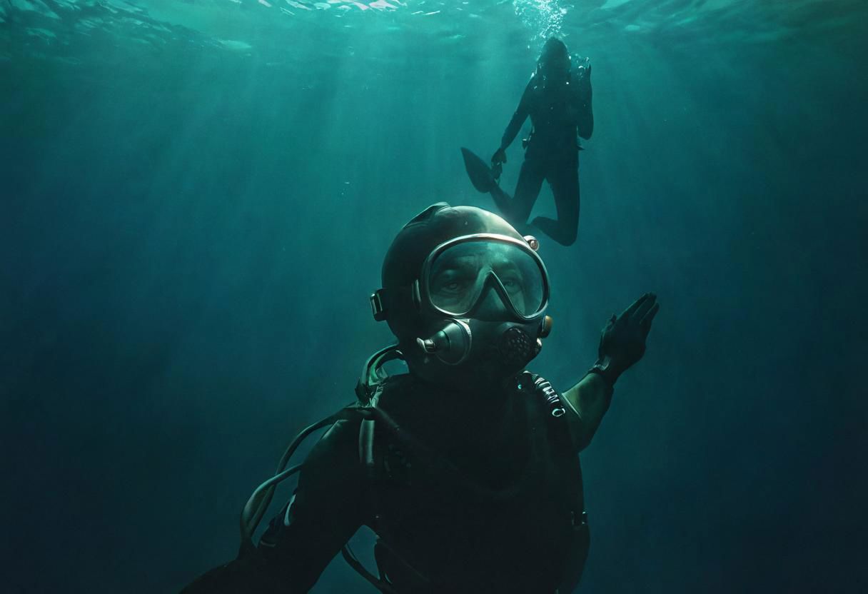 Lowlight dark Pastel Tone, super Closeup Portrait, very Detailed, awesome Quality, reflecting, luminescent, translucent, Ethereal, Aura, 70s vintage James Bond  diver in deep Green blue sea, diving fins, upside down, Diving down, deep blue, endless deep dark sea, sideview, simple Silhouette, DARK dystopian Blade Runner Flair, dynamic Scene, very detailed, uhd, masterpiece, White smoke, light beams through smoke,