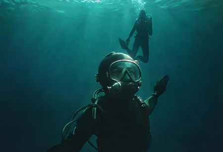 Lowlight dark Pastel Tone, super Closeup Portrait, very Detailed, awesome Quality, reflecting, luminescent, translucent, Ethereal, Aura, 70s vintage James Bond diver in deep Green blue sea, diving fins, upside down, Diving down, deep blue, endless deep dark sea, sideview, simple Silhouette, DARK dystopian Blade Runner Flair, dynamic Scene, very detailed, uhd, masterpiece, White smoke, light beams through smoke,