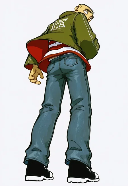 1boy, solo, edboi, mnbrow, unibrow, green jacket, red and white striped shirt, unibrow, blue jeans, black shoes, view from behind, simple background white,, usnr,748cmstyle,(Perspective:1.7), fabulous artwork,Volumetric image, HDR, high contrast,Smooth Quality , masterpiece, best quality, amazing quality, very aesthetic, high resolution, absurdres, newest,high contrast color,perfect composition,perspective,incredibly absurdres, cute, ambient occlusion, highly detailed,