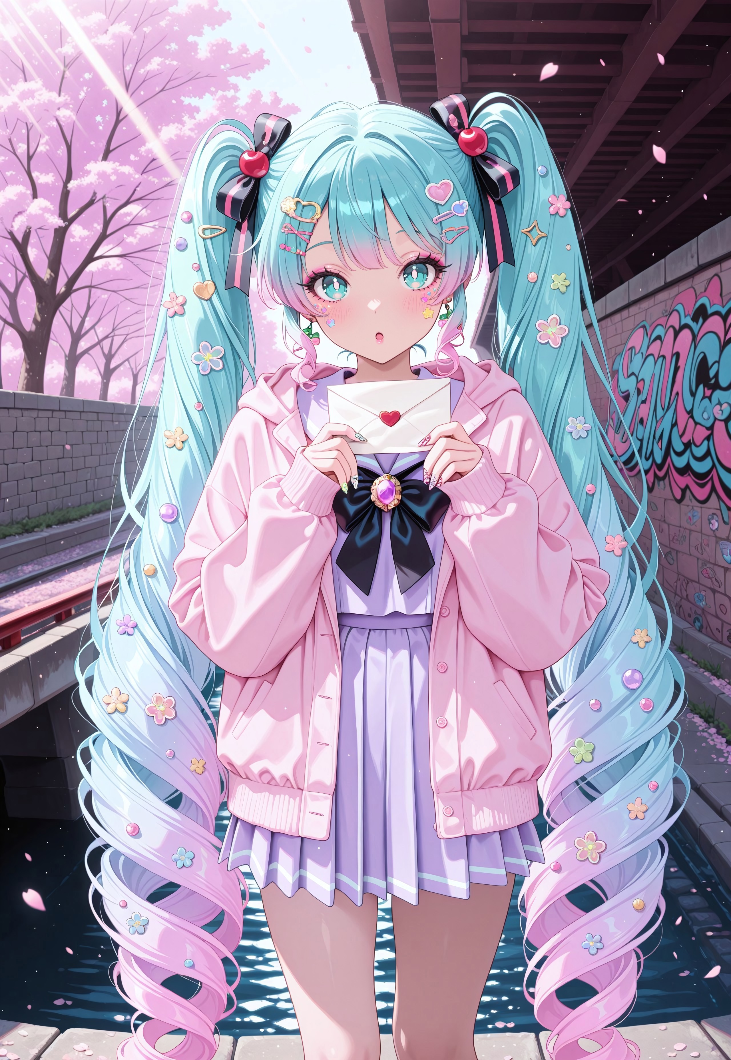 sdpllg, 1girl, hatsune miku, pastel pink hair, pastel blue hair, very long hair, twintails, hair ribbon, aqua eyes, bright pupils, multicolored hair, gradient hair, two-tone hair, hair ornament, (too many hair ornaments:1.2), hairpins, masterpiece, best quality, absurdres,
(yume kawaii, decora:1.2), pastel colors, pastel pink, pastel blue, pastel purple, pastel serafuku, layered clothes, pastel pink jacket, ribbed jacket, hood down, sleeves past wrists, pastel purple blouse, bows, ribbons, earrings, gem brooch, jewelry,
lipgloss, long eyelashes, eyeshadow, blush, kawaii makeup, nail polish, long fingernails, multicolored nails, (nail art:1.2),
outdoors, cherry blossom trees, cherry blossoms, sunbeam, shadows, bridge, stone bridge, river, path, wall, graffiti, (under bridge),
solo, feet out of frame, :o, looking at viewer, hands on own chest, holding letter, love letter, sticker on face, sticker on hair,
intricate, highly detailed, majestic, shallow depth of field, movie still, circular polarizer, light particles, particles