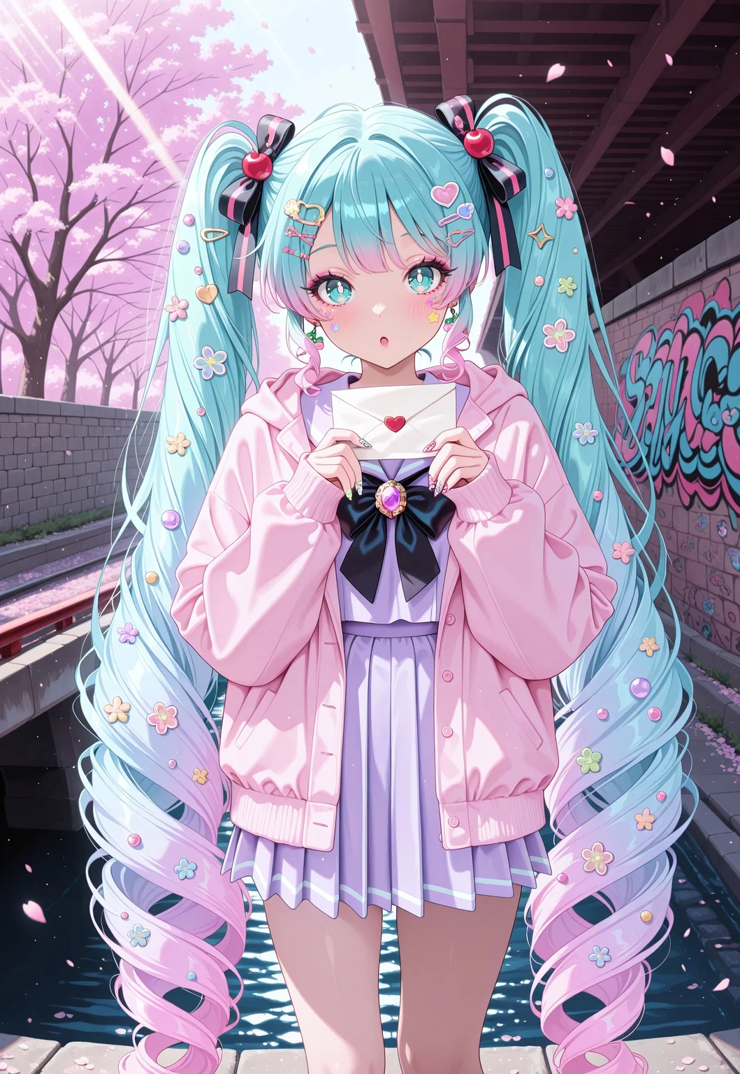 sdpllg, 1girl, hatsune miku, pastel pink hair, pastel blue hair, very long hair, twintails, hair ribbon, aqua eyes, bright pupils, multicolored hair, gradient hair, two-tone hair, hair ornament, (too many hair ornaments:1.2), hairpins, masterpiece, best quality, absurdres,
(yume kawaii, decora:1.2), pastel colors, pastel pink, pastel blue, pastel purple, pastel serafuku, layered clothes, pastel pink jacket, ribbed jacket, hood down, sleeves past wrists, pastel purple blouse, bows, ribbons, earrings, gem brooch, jewelry,
lipgloss, long eyelashes, eyeshadow, blush, kawaii makeup, nail polish, long fingernails, multicolored nails, (nail art:1.2),
outdoors, cherry blossom trees, cherry blossoms, sunbeam, shadows, bridge, stone bridge, river, path, wall, graffiti, (under bridge),
solo, feet out of frame, :o, looking at viewer, hands on own chest, holding letter, love letter, sticker on face, sticker on hair,
intricate, highly detailed, majestic, shallow depth of field, movie still, circular polarizer, light particles, particles
