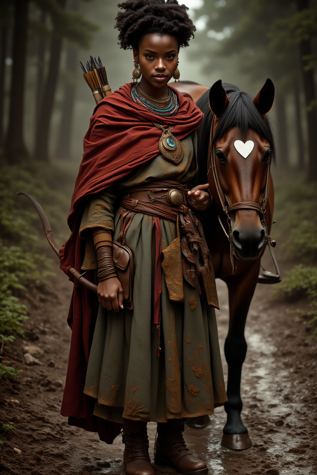 A photo-realistic shoot from a front camera angle about a young woman dressed in traditional clothing stands confidently beside a horse in a forest setting, holding a bow and arrow. on the middle of the image, a 20-year-old dark-skinned woman with an afro hairstyle appears to be standing, looking directly at the viewer with a serious expression. she is wearing a long, flowing dress with intricate gold embroidery and a red shawl draped over her shoulders. her hair is styled in an intricate updo, and she is adorned with jewelry including earrings, a necklace, and a sword. on her right side, a brown horse with a black mane and a white heart-shaped mark is standing beside her. the background is blurred, with trees and greenery, and the lighting is soft and natural, creating a serene atmosphere.

A full body portrait, standing pose, photorealistic, African, fantasy, woman, archer, D&D character, full body portrait, photorealistic, draped cloak, bow, Greg Rutkowski visual style, belt, pouches, cinematic portrait, bun hair, dark skin, detailed, curly hair, horse, wilderness, forest, muddy road, worn boots, styled ornaments, tribal clothing, detailed clothing textures, depth of view, natural sunlight, elegant tribal jewelry, earrings, beaded necklaces, broche or pendant, D&D, fantasy superhero, rogue