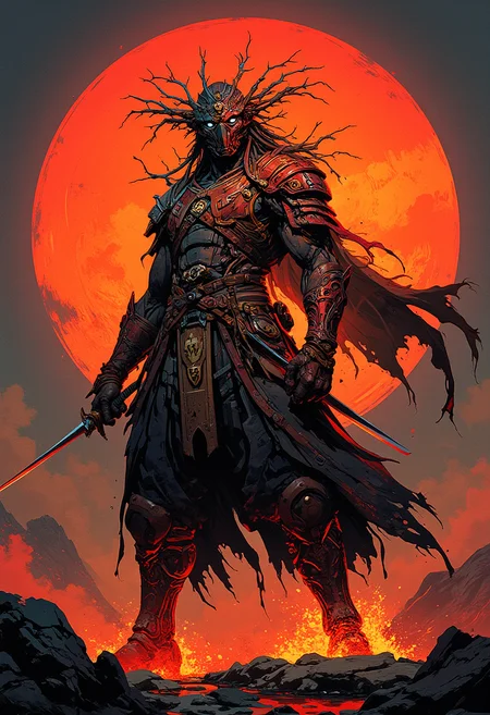 niji style, oil painting, masterpiece, best quality, hell lava art by Yoann Lossel, color style by Tom Haugomat, wear tiara of wires, cyberpunk iron mask, holding cyber katana, volumetric light, fighter pose, insanely detailed, cyberpunk ornate, action packed, full body standing, sun rising background.